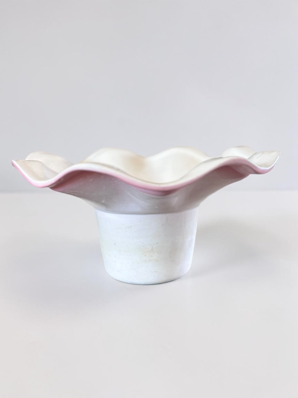 Vintage Pink Ceramic Ruffled Pedestal Bowl Cottagecore Decor
